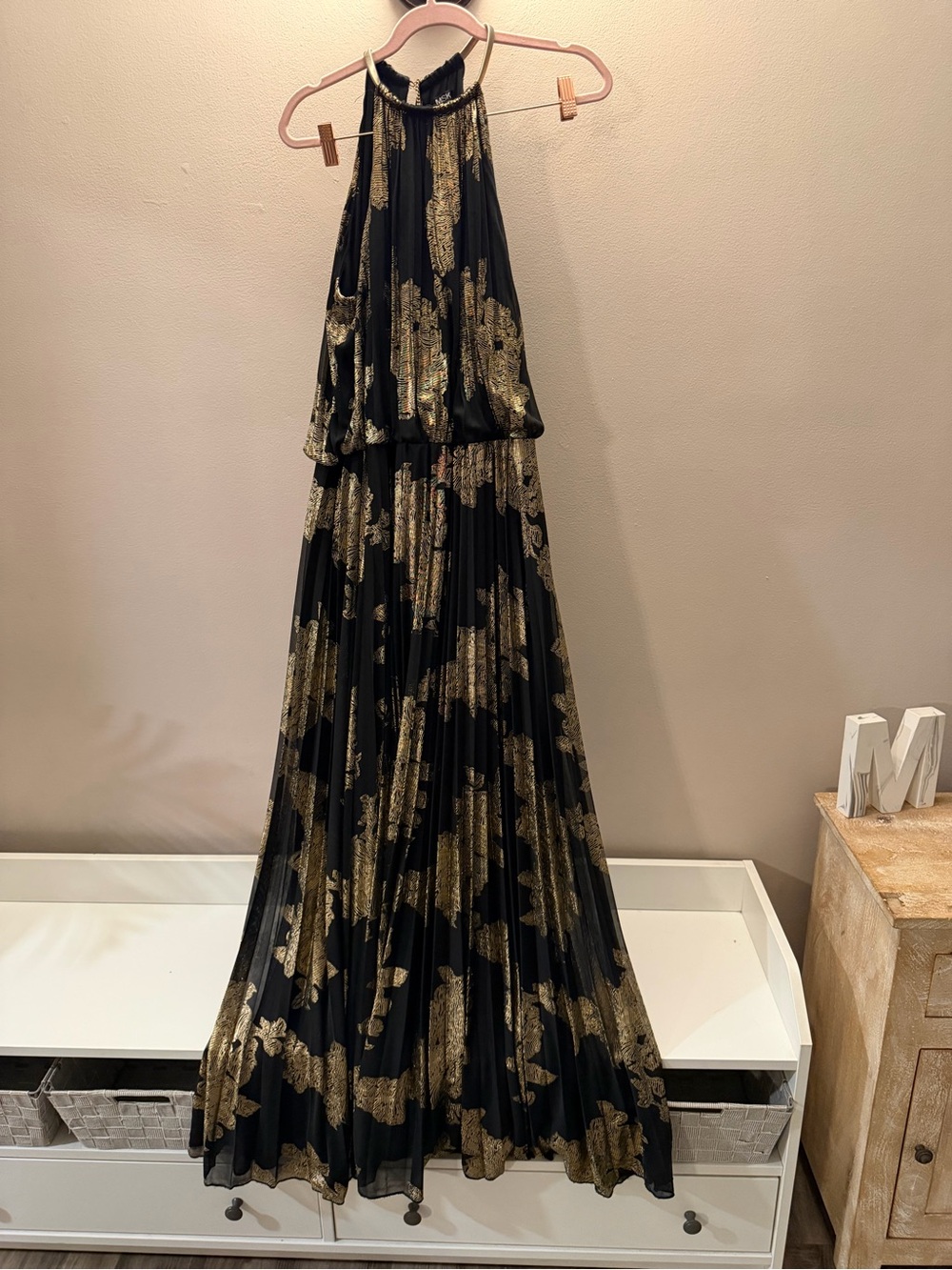 MSK Black and Gold Metallic Pleated Halter Maxi Dress